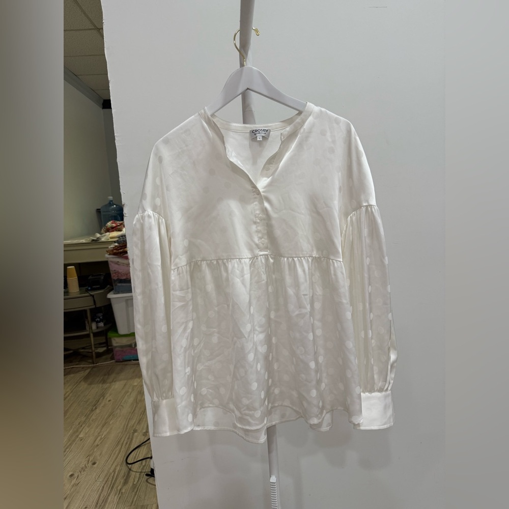 Crosby Cream Long Sleeve Boxy Blouse with Mandarin Collar